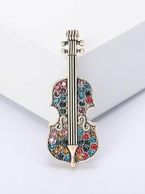 Dainty Crystal Violin Brooch Pin Fiddle Musician Rhinestone Music Jewelry